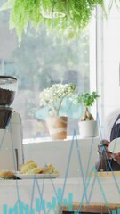 Poster - Animation of multiple graphs, changing numbers, icons, diverse female talking with male barista