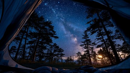 Wall Mural - Camping under the stars in a forest, night sky view
