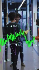Poster - Animation of graphs and changing numbers, diverse coworkers discussing in corridor of office