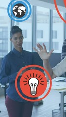Poster - Animation of icons over diverse woman wearing vr headset giving feedback to coworkers in office