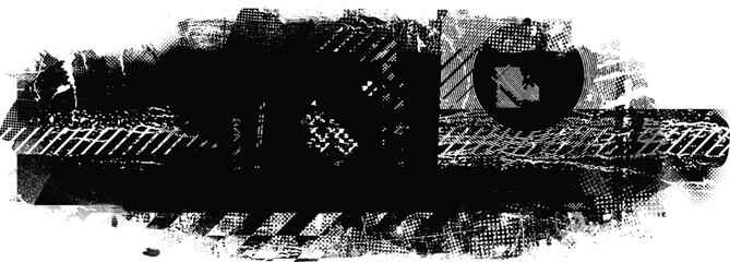 Poster - Glitch distorted grungy banner . Noise destroyed background . Trendy defect . Glitched collage .Grunge textured . Distressed effect .Vector shape. halftone dots . Screen print texture
