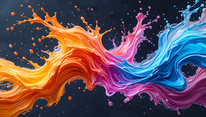Poster - Vibrant paint splashes create a dynamic wave of color, blending orange, pink, and blue hues in a fluid, artistic design.
