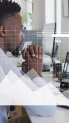 Poster - Animation of financial data processing over african american businessman using laptop for video call