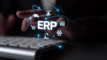 Poster - ERP platform visual showing centralized system for enterprise resource planning, improving integration, data flow, business efficiency, finance, inventory, and human resources. Muxer