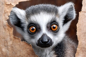 Wall Mural - curious lemur peeking through cardboard hole