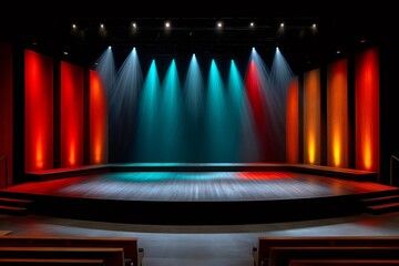 Aufkleber - Empty stage lit with red and blue spotlights ready for show