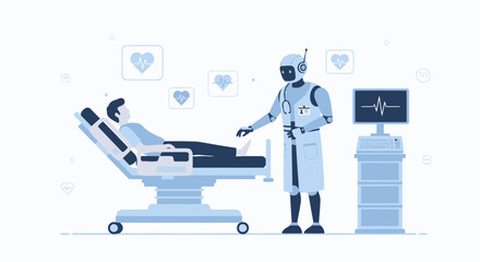Poster - advanced healthcare robot doctor assisting patient in modern hospital examination room