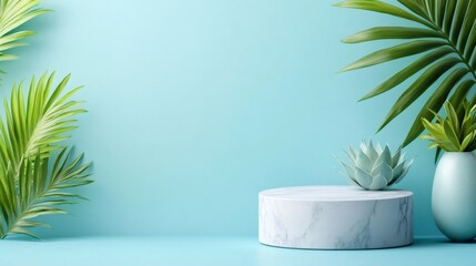 Aufkleber - Empty marble podium displaying tropical plants on turquoise background