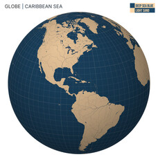 Poster - Vector Globe centered to Caribbean Sea. Deep Sea Blue Light Sand palette. World map with meridians, parallels, countries, rivers and lakes. Stylish vector illustration.