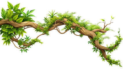 A lush tropical tree branch covered in green foliage is isolated on transparent background, showcasing its vibrant details