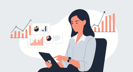 Poster - Businesswoman Analyzing Data Trends And Financial Charts On Her Digital Tablet