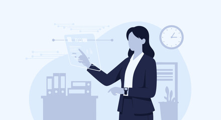 Poster - Businesswoman Interacting With Virtual Data In Modern Office Setting