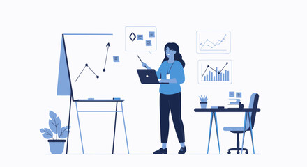 Poster - Businesswoman Presenting Data Analysis With Laptop And Whiteboard Illustration