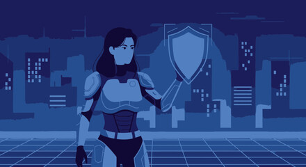 Poster - Cybernetic Guardian Stands Watchful Over Futuristic Cityscape at Night in Dark Blue Tone