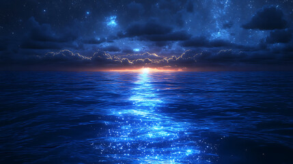 Wall Mural - Tranquil ocean at night with sparkling water and distant sunset glow under cloudy sky