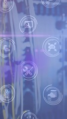 Poster - Animation of icons and light over computer wires on blue background