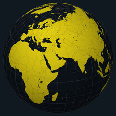 Poster - Bahrain on Globe. Country view on the world map in Charcoal Bright Yellow color palette. Bahrain shape on map. Globe with meridians, parallels, countries, rivers and lakes.