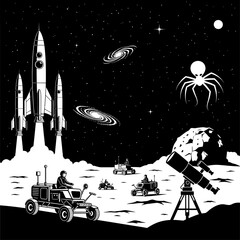 a black and white illustration depicts astronauts exploring the moon with rockets, rovers, and teles