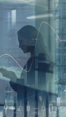 Poster - Animation of data processing over caucasian businesswoman talking on smartphone and walking