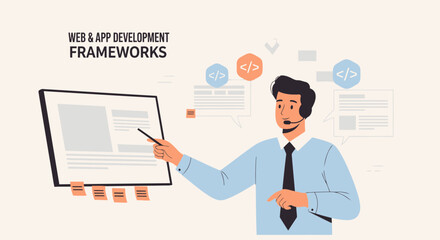 Aufkleber - explaining web application development frameworks illustration for project management