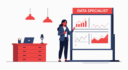 Poster - Female Data Specialist Presenting Business Analysis Using Visual Charts On A Board