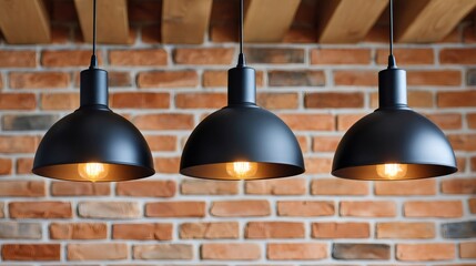 Poster - Three black pendant lamps hanging from wooden ceiling against brick wall