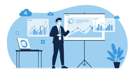 Poster - Financial Review Meeting Man Explaining Growth Sales Data Analysis Presentation