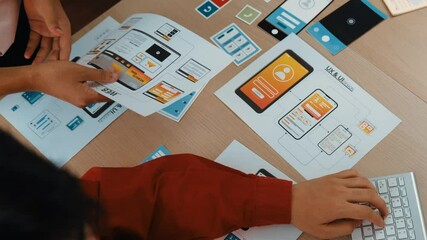 Poster - Top view panorama video of startup company employee planning on user interface prototype for mobile application or website in office. UX UI designer brainstorm user friendly interface plan. Synergic