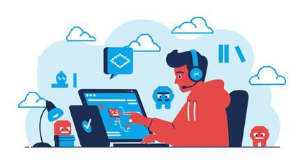 Poster - Gamer Playing Video Game Online with Headset On Computer, Game Developer Concept