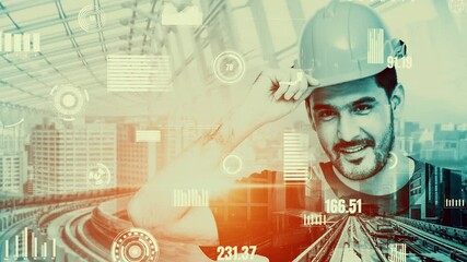 Poster - Future building construction and inventive engineering project concept with HUD hologram graphic design. Building engineer, architect people or construction worker works with modern civil technology.