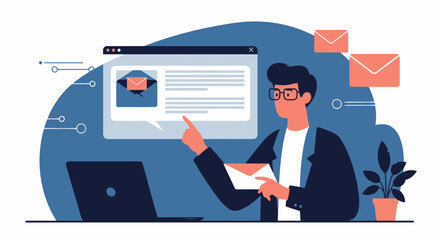Poster - Man Is Reviewing Email Communication On Laptop And Thinking About Sending Mail