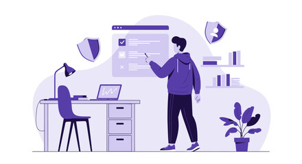 Poster - Man Reviews Security Checklist for Online Data Protection At Home Environment