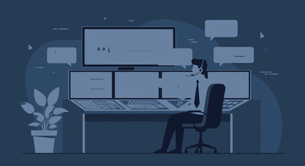 Poster - Man Working With Multiple Screens Monitoring Data In Modern Office Environment