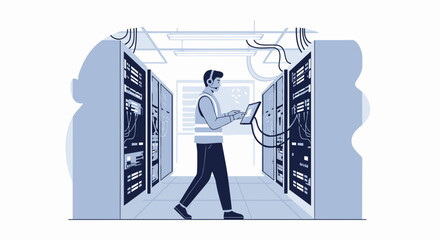 Poster - Network Engineer Administering Data Servers In A Modern Data Center Hallway