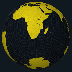 Poster - Kingdom of Lesotho on Globe. Country view on the world map in Charcoal Bright Yellow color palette. Lesotho shape on map. Globe with meridians, parallels, countries, rivers and lakes.