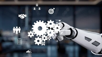 Poster - A detailed video depicting a robotic hand engaging with gears in a modern workspace, illustrating the impact of automation and technology on business efficiency and innovation. Auvana