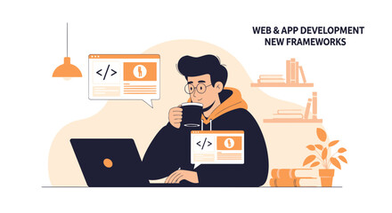 Fototapete - Software Developer Enjoying Coffee While Coding On Laptop During Work Hours