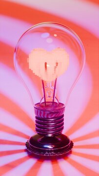 Light bulb with pixelated heart shaped filament under radial striped background