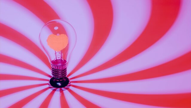 Light bulb with pixelated heart shaped filament under radial striped background