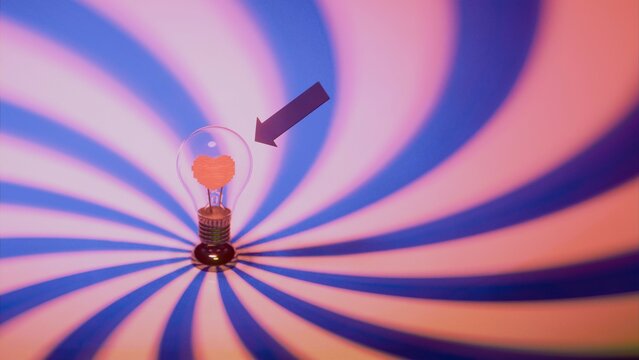 Light bulb with pixelated heart shaped filament under radial striped background