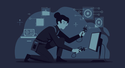 Poster - Technical Expert Inspecting Computer Hardware With Diagnostic Tools