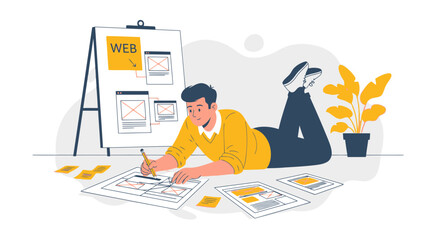 Fototapete - Website Designer Sketches Layouts on Floor Creating Innovative User Interface