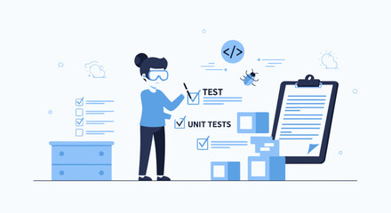 Poster - Woman Doing Software Testing And Finding Bugs With Vr Glasses Concept