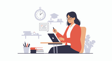 Poster - Woman Using Laptop At Home For Online Education Or Remote Working