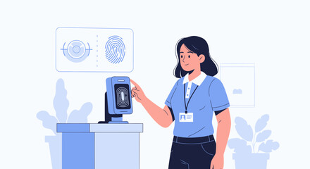 Poster - Woman Using Fingerprint Scanner For Biometric Authentication In Modern Workspace