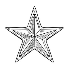 Leinwandbilder - Monochrome Five Point Star Illustration with Ornamental Edges Detailed Star Shape Engraving