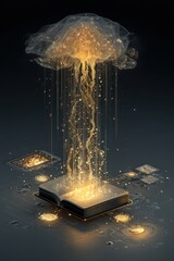 Poster - Golden data streams emanating from a book in a futuristic digital context