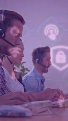 Poster - Animation of digital icons over team of diverse customer care executives working at office