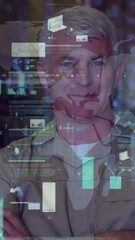 Poster - Animation of statistical data processing over caucasian male worker smiling at the warehouse