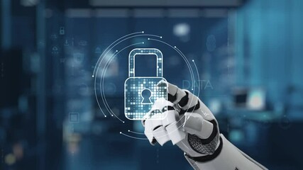 Poster - A robotic hand engages with a high-tech digital security interface, illustrating innovative data protection concepts in a contemporary tech-driven environment. Auvana
